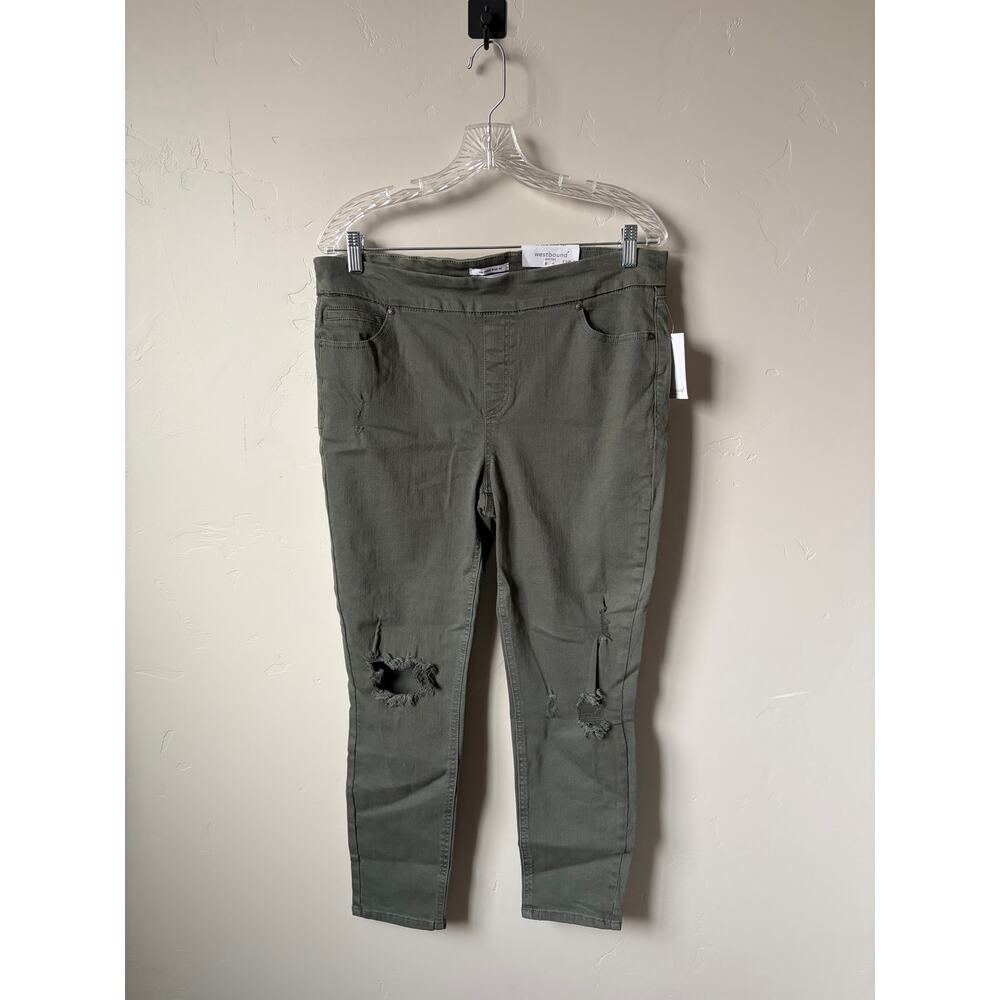Westbound Green Denim Distressed Pull On High Rise Skinny Jeans- Size 12 Short - Picture 2 of 4